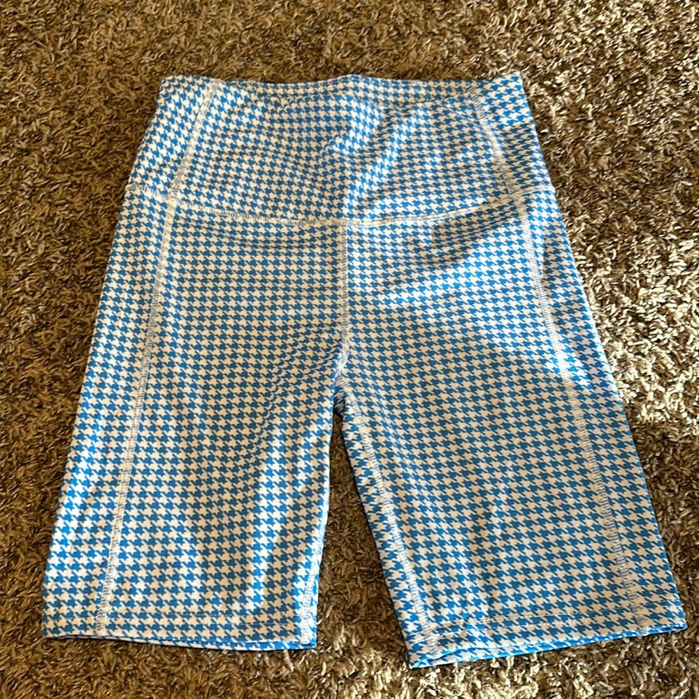 High-Waist Blue Houndstooth Bike Shorts - Women